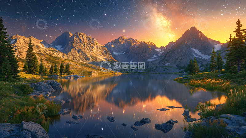 高清大图下载【趣麦麦图】山峰湖泊星空日出