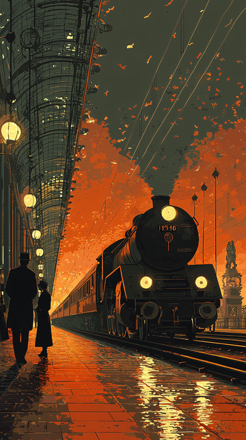 蒸汽火车站台落日余晖