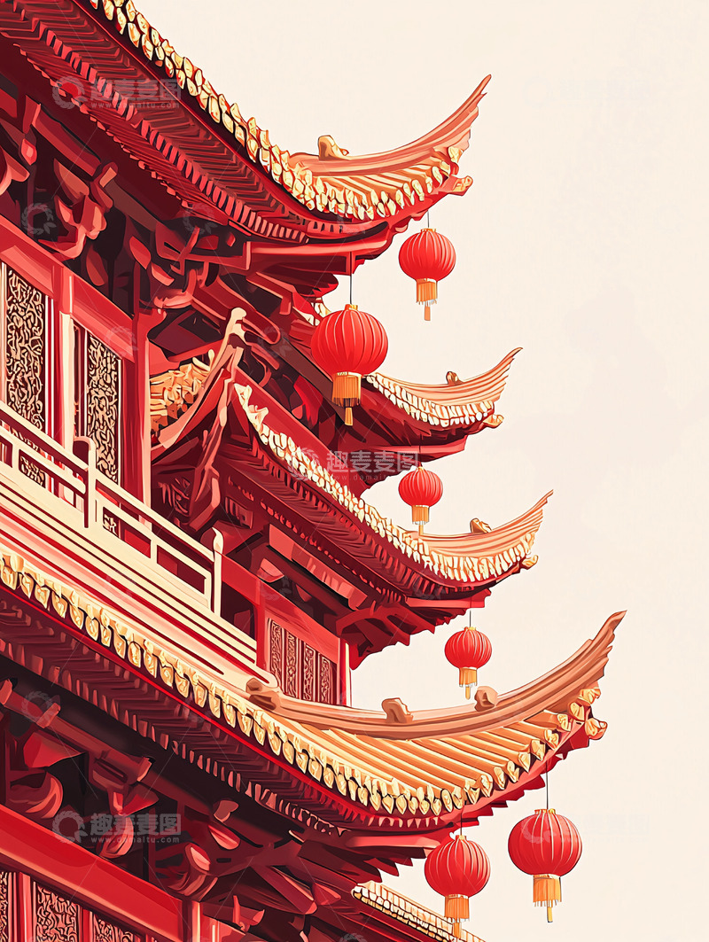 高清大图下载【趣麦麦图】红色中国风建筑屋檐灯笼