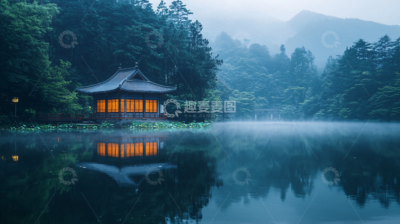 高清大图下载【趣麦麦图】雾气朦胧的湖边小屋