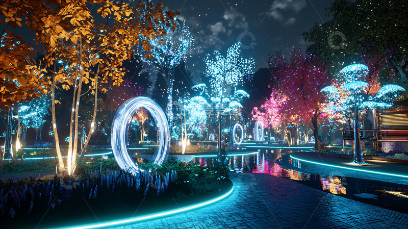 高清大图下载【趣麦麦图】梦幻般霓虹灯照亮奇幻森林