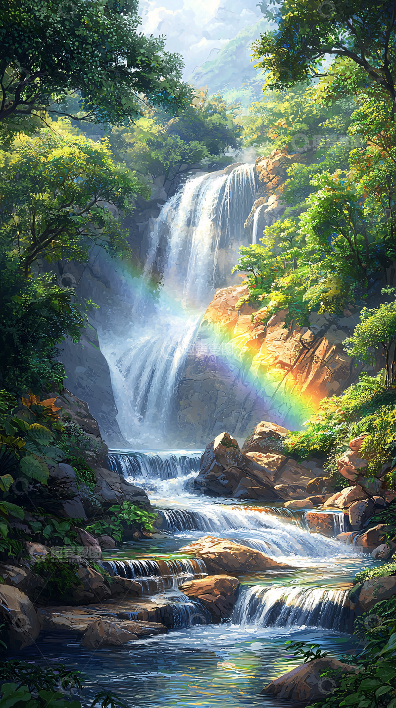 高清大图下载【趣麦麦图】壮丽瀑布彩虹美景