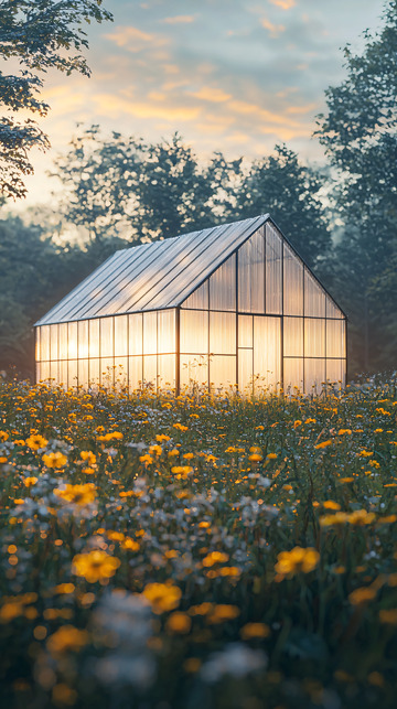 夕阳下玻璃温室与花田