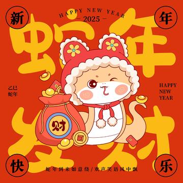 蛇年发财矢量卡通插画喜庆新年海报