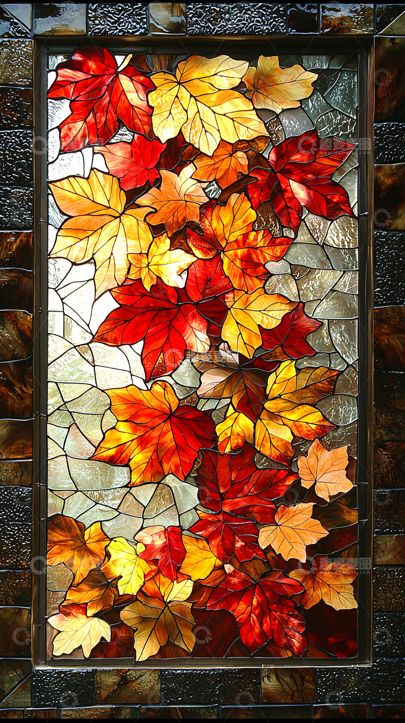 高清大图下载【趣麦麦图】秋叶马赛克玻璃窗