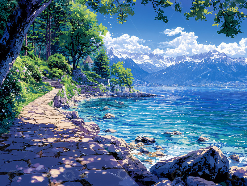 高清大图下载【趣麦麦图】树荫小路海边风景