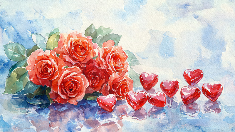 高清大图下载【趣麦麦图】水彩玫瑰花束与爱心