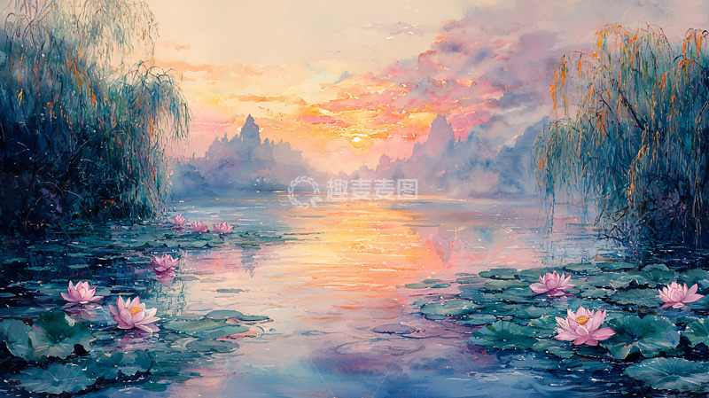 高清大图下载【趣麦麦图】唯美日落湖景图