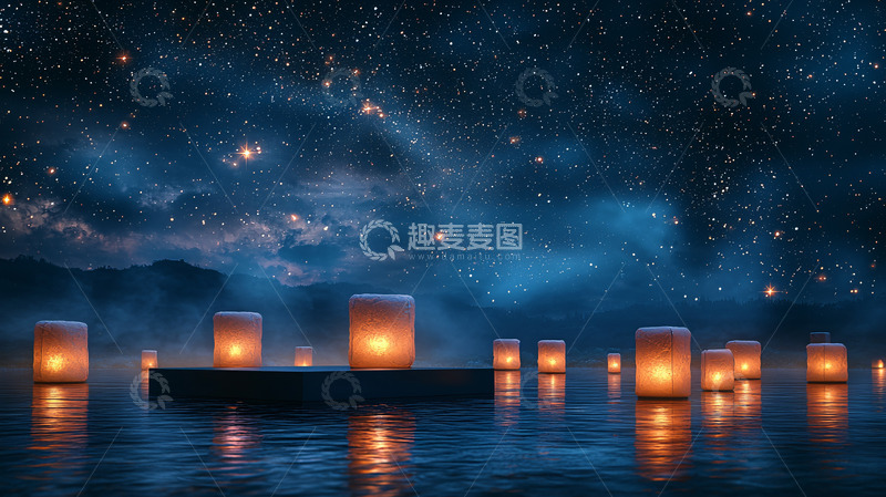 高清大图下载【趣麦麦图】星空下湖面漂浮蜡烛