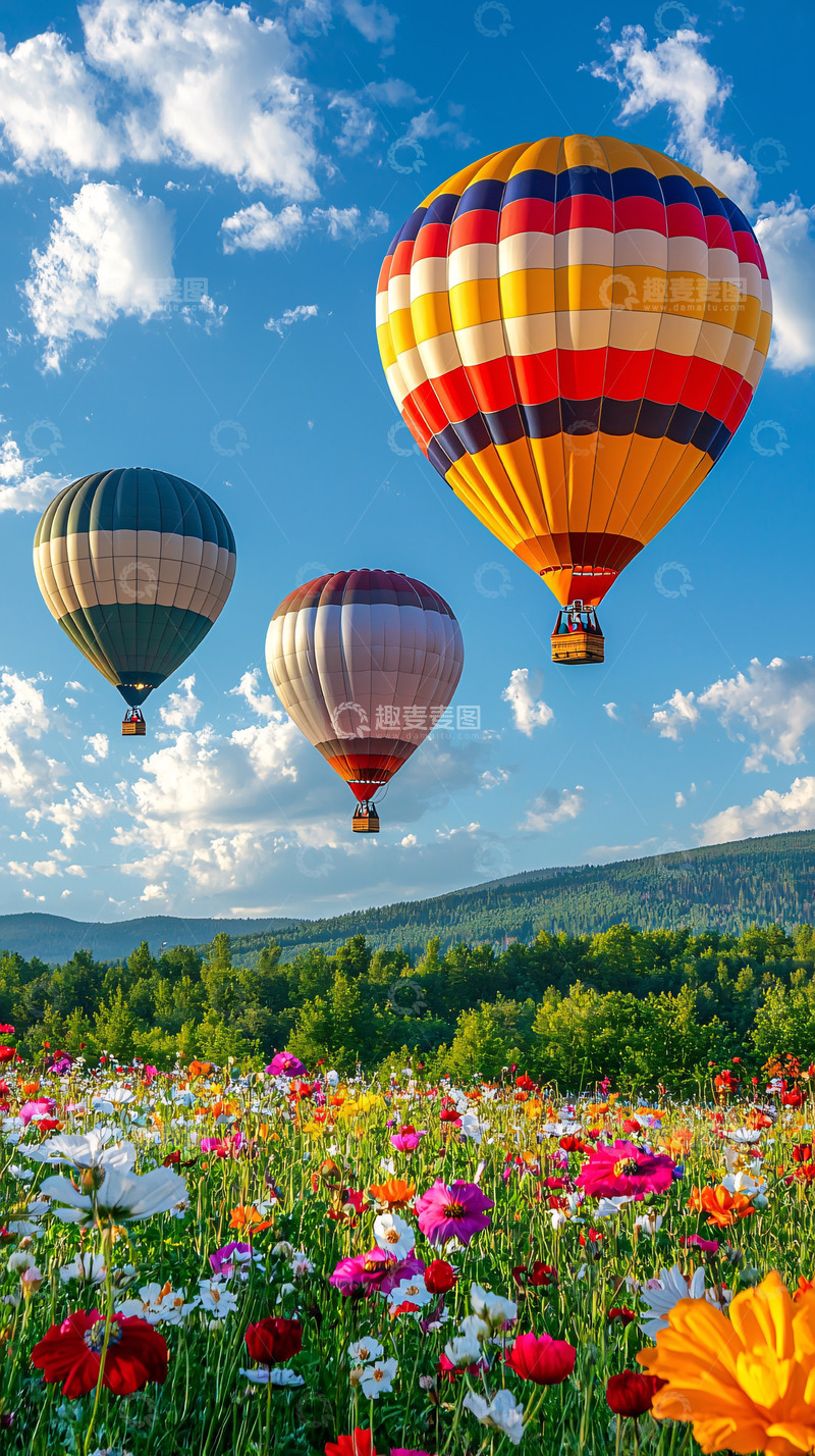 高清大图下载【趣麦麦图】热气球飞越花海
