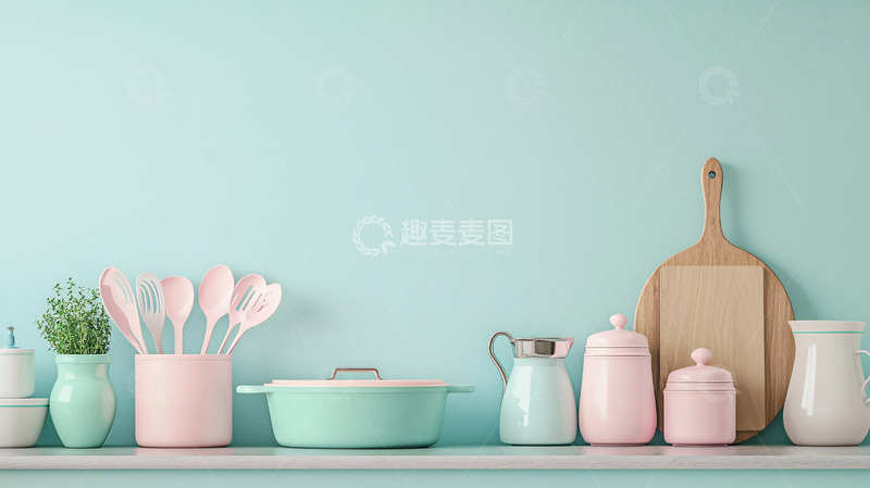 高清大图下载【趣麦麦图】厨房粉色系餐具摆设