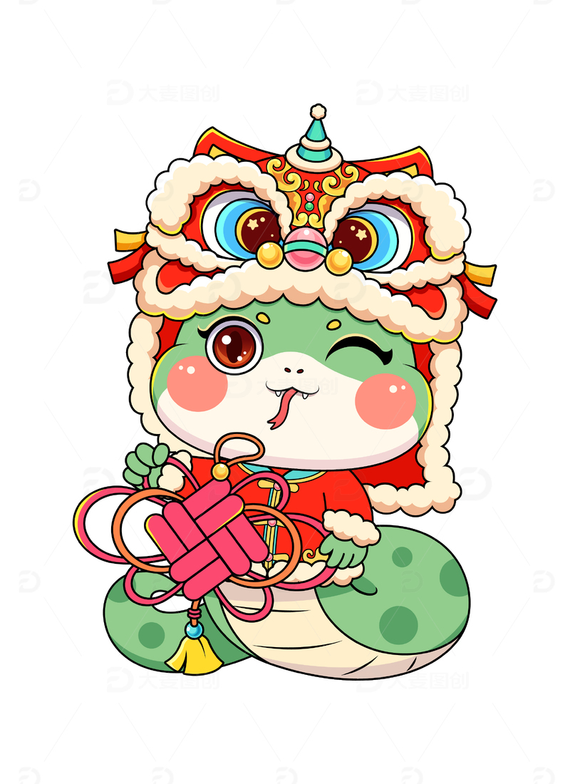 蛇年春节卡通蛇手拿中国结插画