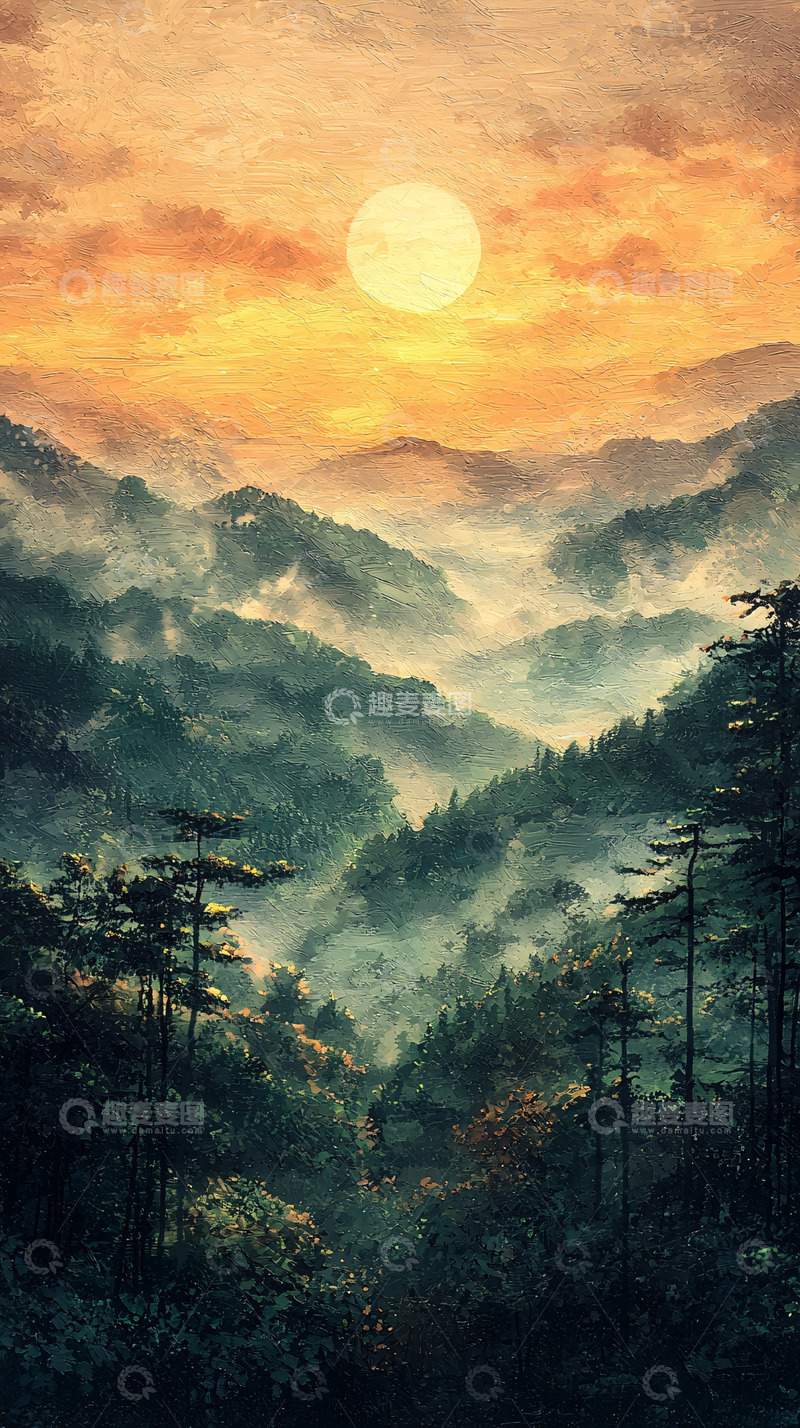 高清大图下载【趣麦麦图】雾气山峦日出景色