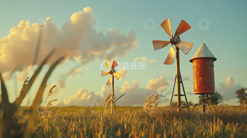 高清大图下载【趣麦麦图】夕阳下田野里的风车