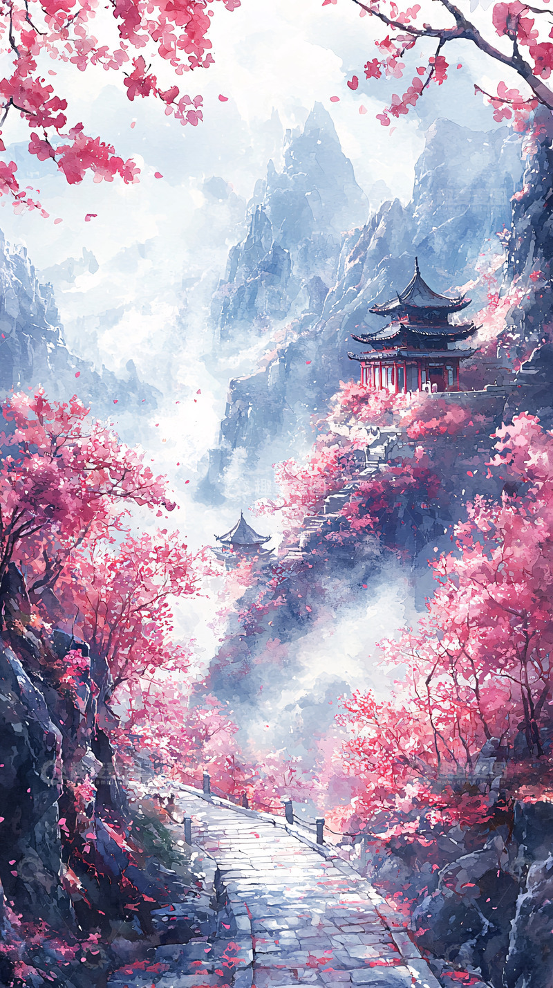 高清大图下载【趣麦麦图】粉色樱花下的山间寺庙