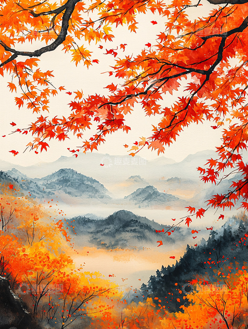高清大图下载【趣麦麦图】秋枫山景水彩画