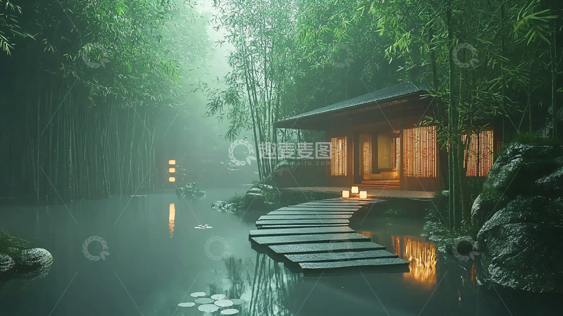 高清大图下载【趣麦麦图】雾气缭绕的日式竹林小屋