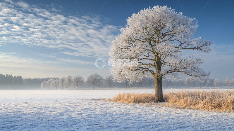 高清大图下载【趣麦麦图】冰霜覆盖的树木在田野中