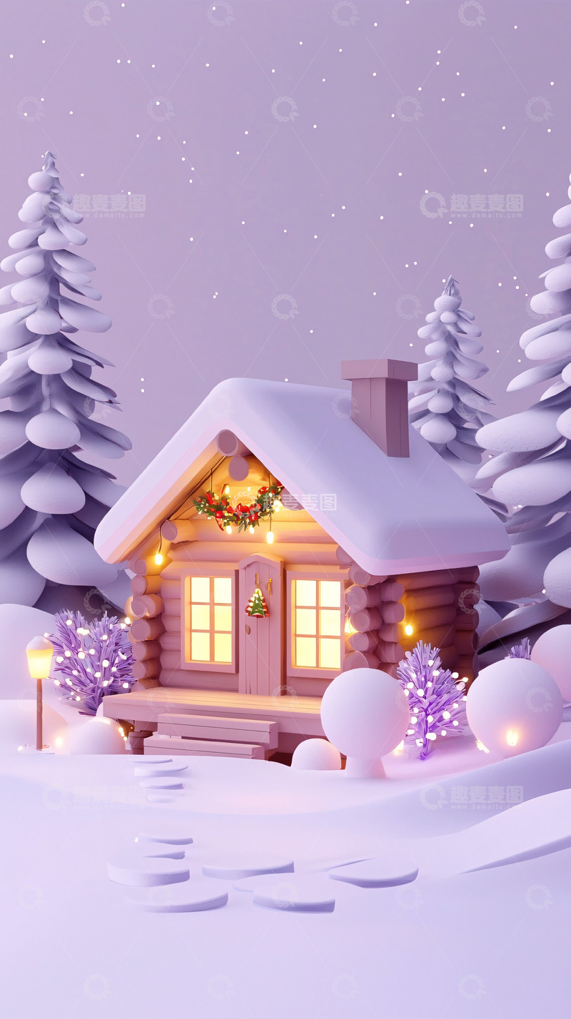高清大图下载【趣麦麦图】紫色系梦幻雪景小屋