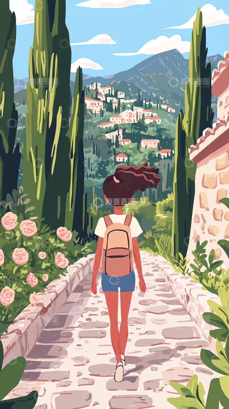 高清大图下载【趣麦麦图】女孩远眺山中小镇