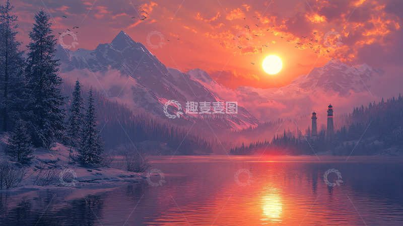 高清大图下载【趣麦麦图】雪山日落湖泊