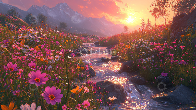 高清大图下载【趣麦麦图】日落山谷鲜花溪流