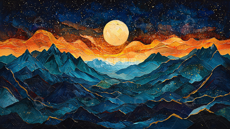 高清大图下载【趣麦麦图】水彩星空山脉