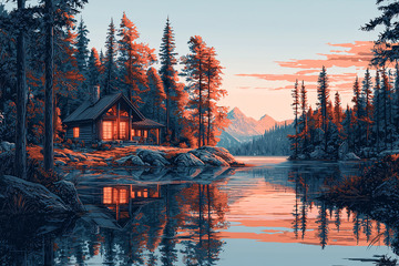 森林湖边木屋日落