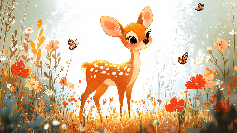 高清大图下载【趣麦麦图】可爱小鹿在花丛中