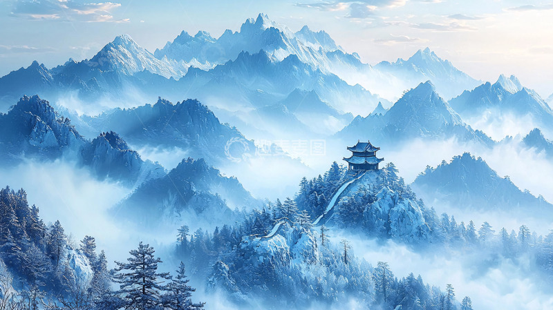 高清大图下载【趣麦麦图】蓝雾山峦古建筑