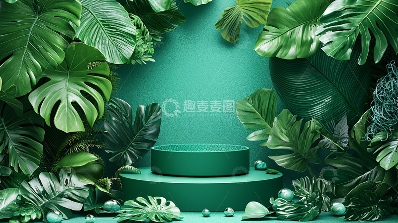 高清大图下载【趣麦麦图】绿植环绕的绿色圆形展台
