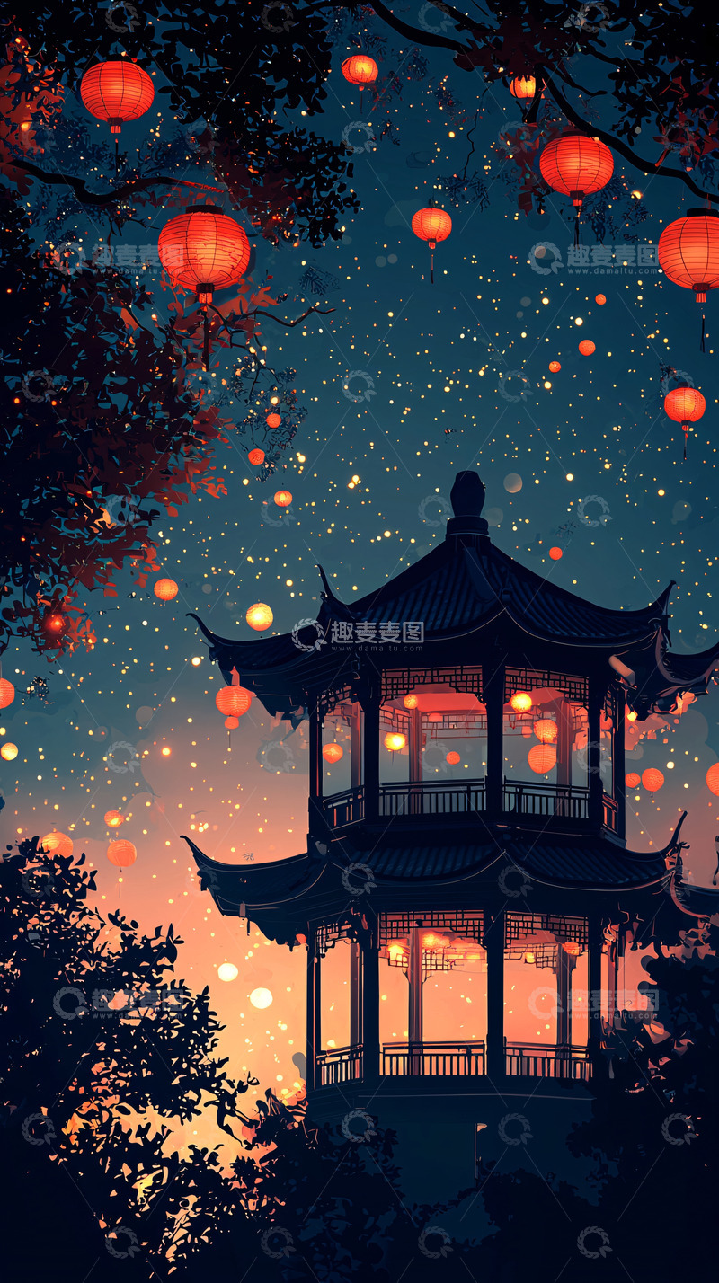 高清大图下载【趣麦麦图】古建筑夜景灯笼星空