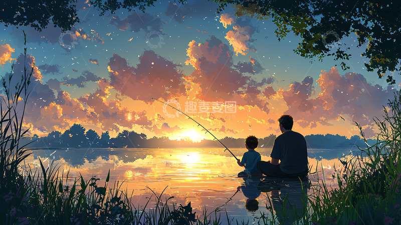高清大图下载【趣麦麦图】日落父子垂钓