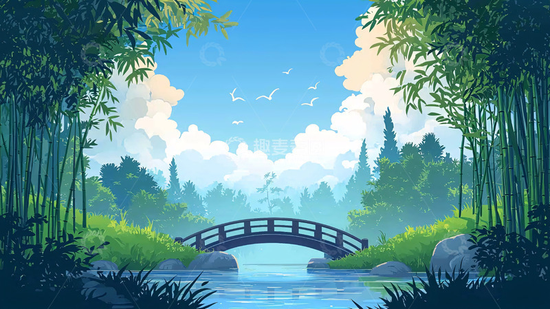 高清大图下载【趣麦麦图】葱郁森林溪流桥梁的唯美景色