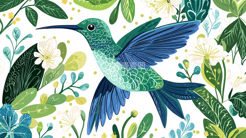 高清大图下载【趣麦麦图】绿宝石蜂鸟花卉图案背景