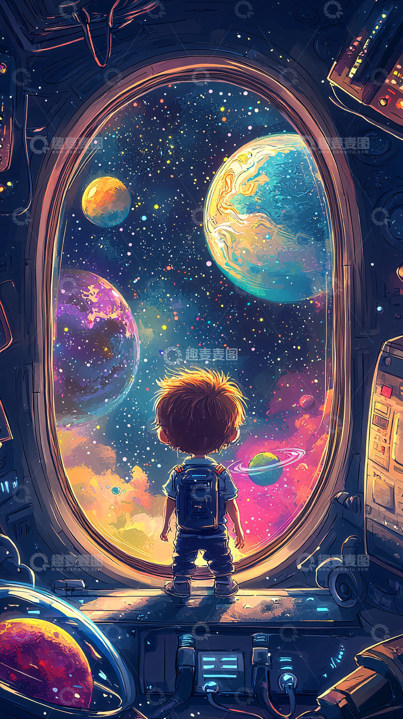 高清大图下载【趣麦麦图】男孩仰望星空宇宙飞船