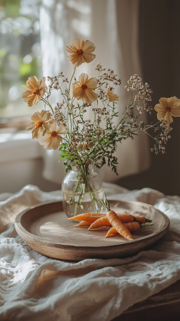 阳光下的小花和胡萝卜