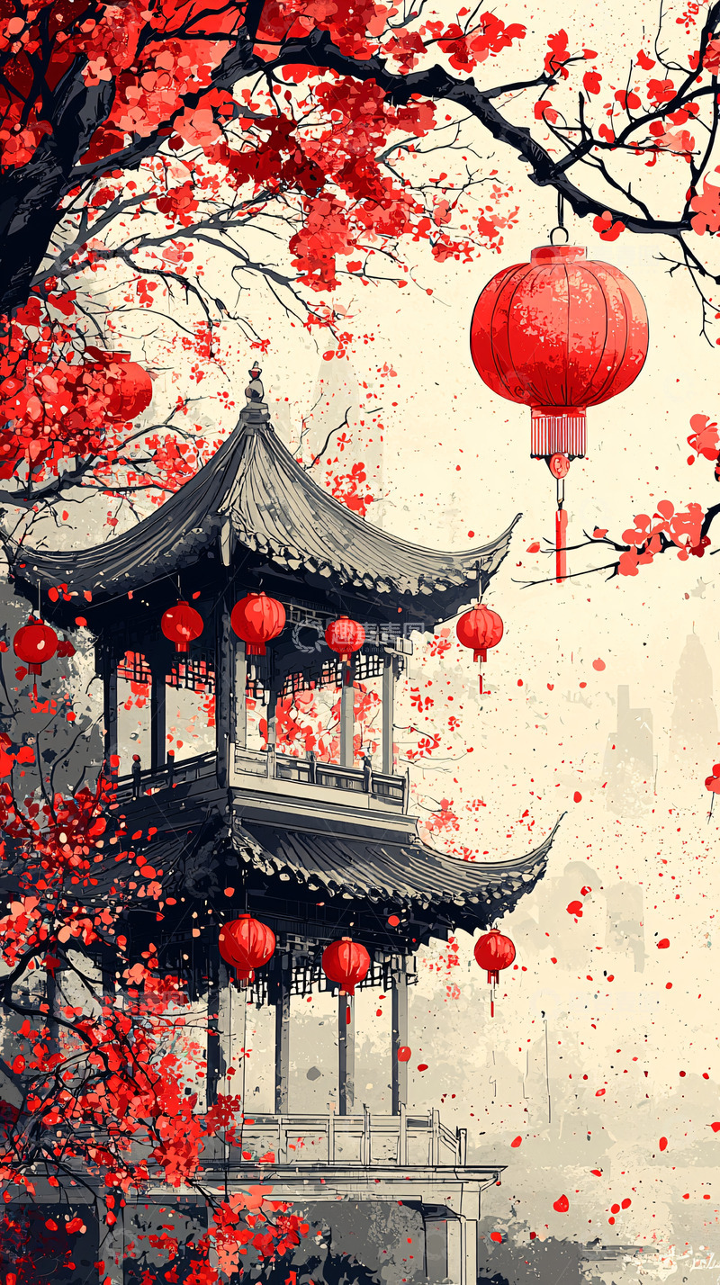 高清大图下载【趣麦麦图】红色灯笼点缀的亭台楼阁