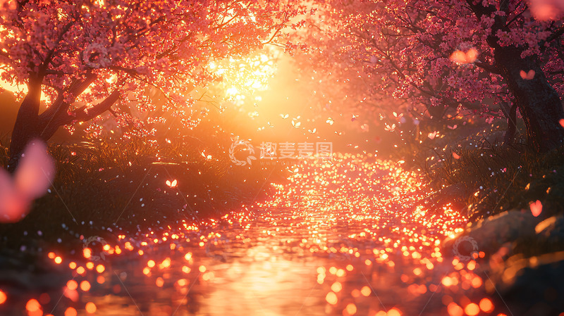 高清大图下载【趣麦麦图】夕阳下樱花树林小溪
