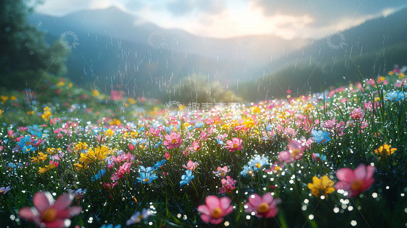 高清大图下载【趣麦麦图】雨后山间五彩花田