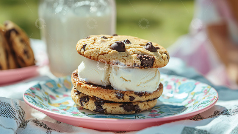 高清大图下载【趣麦麦图】户外野餐巧克力曲奇冰淇淋三明治