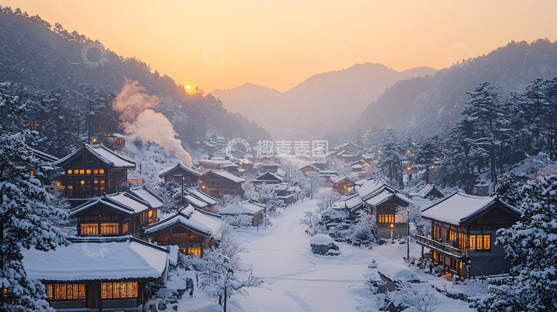 高清大图下载【趣麦麦图】雪山环绕的村庄
