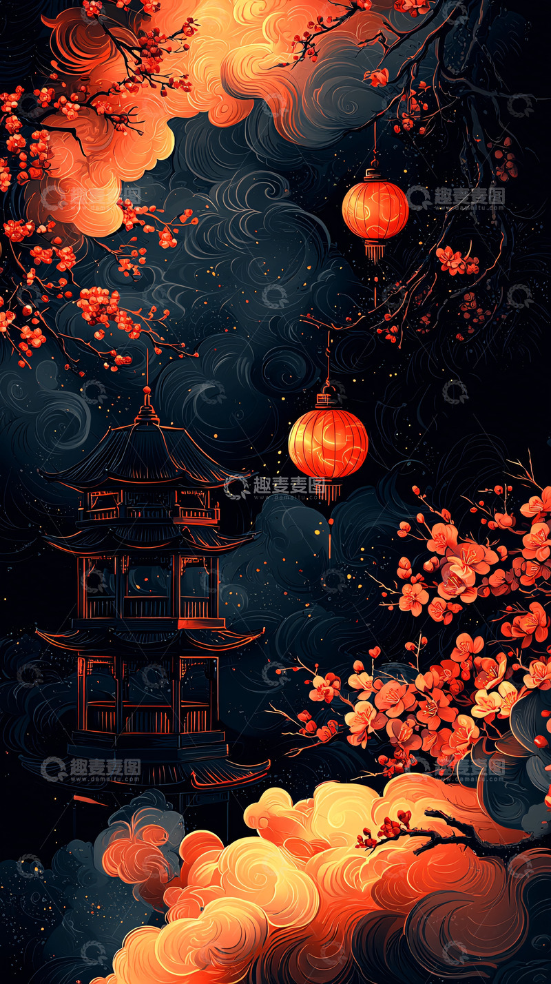 高清大图下载【趣麦麦图】暗色系樱花古风意境图