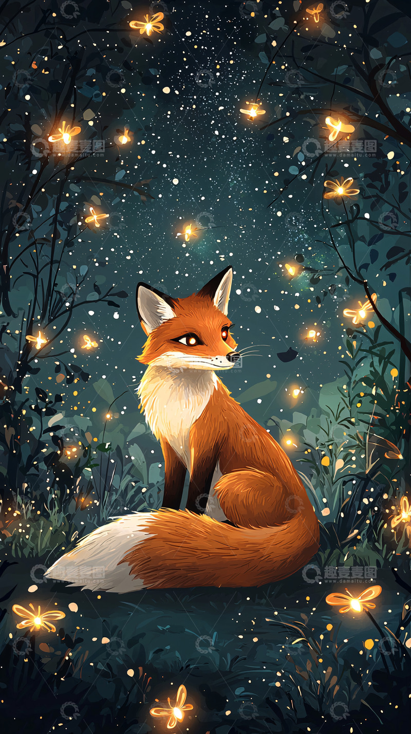 高清大图下载【趣麦麦图】萤火虫森林里的小狐狸