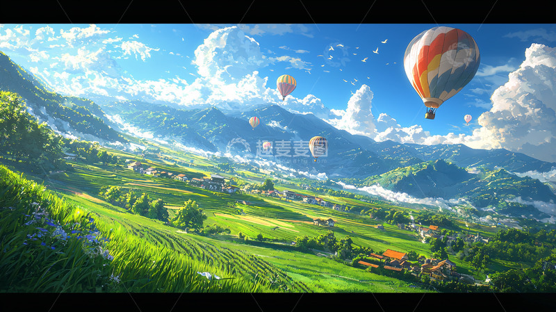 高清大图下载【趣麦麦图】翠绿山谷中热气球飞舞