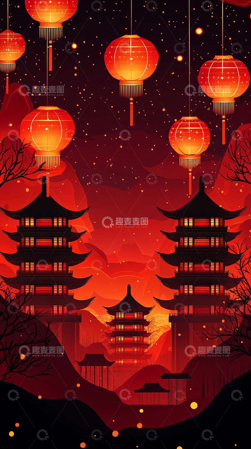 高清大图下载【趣麦麦图】红灯笼夜景中国风