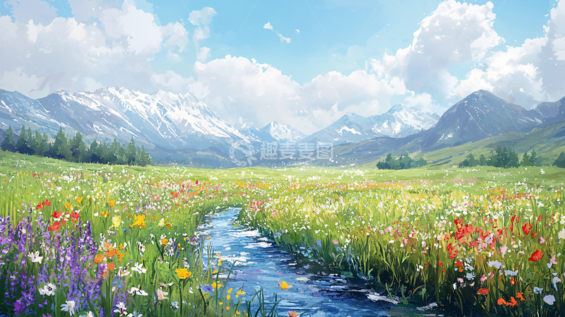 高清大图下载【趣麦麦图】阳光明媚的阿尔卑斯山花田