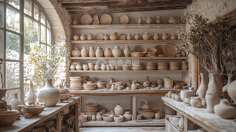 高清大图下载【趣麦麦图】陶器工坊展示架