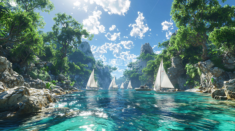 高清大图下载【趣麦麦图】碧海蓝天帆船峡湾