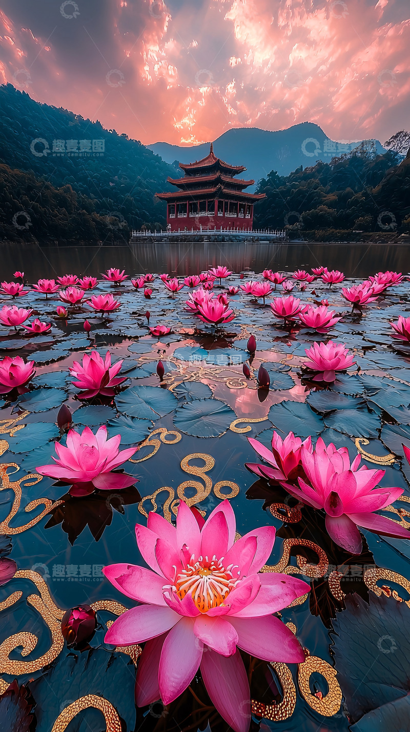 高清大图下载【趣麦麦图】日落下的粉色荷花与古亭